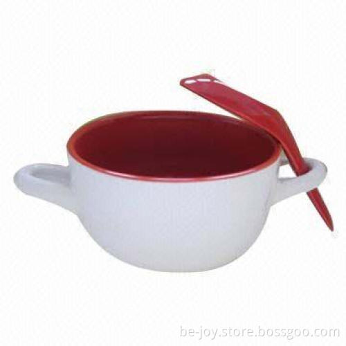 Ceramic bowl with handle with spoon, various colors and artworks available, OEM orders are welcome